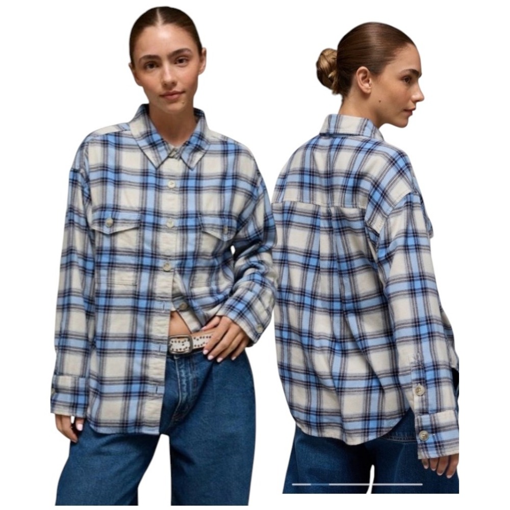 NWT American Eagle AE Women's Blue White Plaid Flannel Button Down Shirt Size L